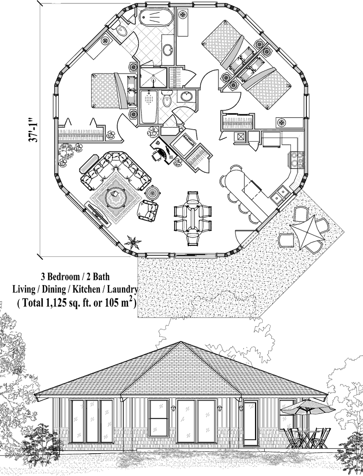 Prefab Patio House Plan - PT-0421 (1125 sq. ft.) 3 Bedrooms, 2 Baths