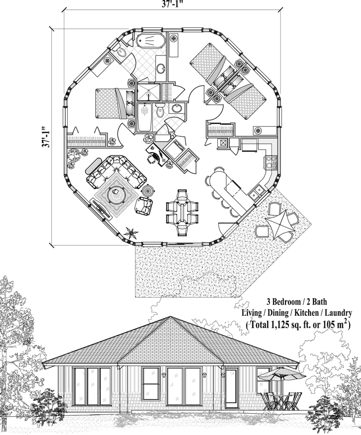 Prefab Patio House Plan - PT-0421 (1125 sq. ft.) 3 Bedrooms, 2 Baths, Living, Dining, Kitchen, Laundry