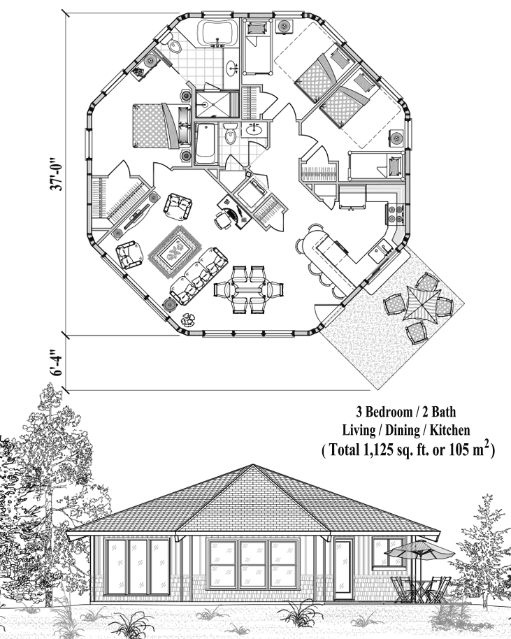 Prefab Patio House Plan - PT-0424 (1125 sq. ft.) 3 Bedrooms, 2 Baths, Living, Dining, Kitchen