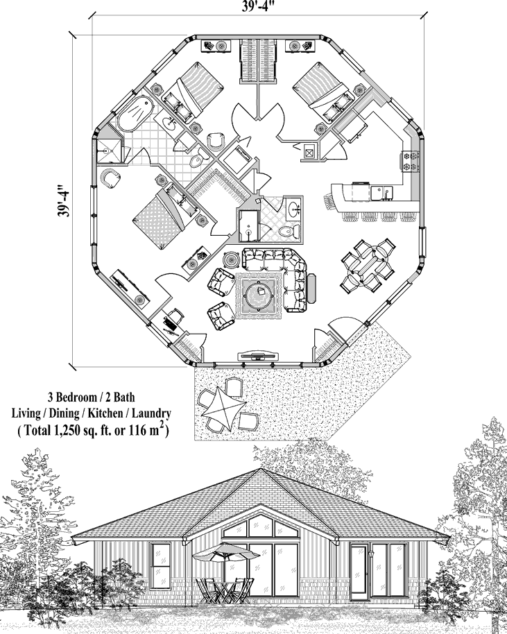 Prefab Patio House Plan - PT-0522 (1250 sq. ft.) 3 Bedrooms, 2 Baths