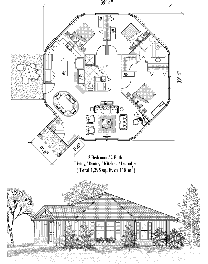 Prefab Patio House Plan - PT-0523 (1295 sq. ft.) 3 Bedrooms, 2 Baths, Living, Dining, Kitchen, Laundry