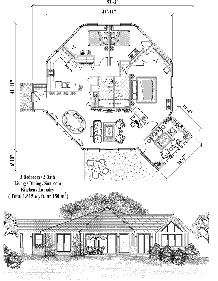 Prefab Patio House Plan - PT-0622 (1615 sq. ft.) 3 Bedrooms, 2 Baths, Living, Dining, Sunroom, Kitchen, Laundry