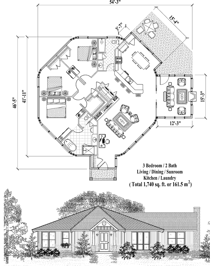Prefab Patio House Plan - PT-0623 (1740 sq. ft.) 3 Bedrooms, 2 Baths, Living, Dining, Sunroom, Kitchen, Laundry