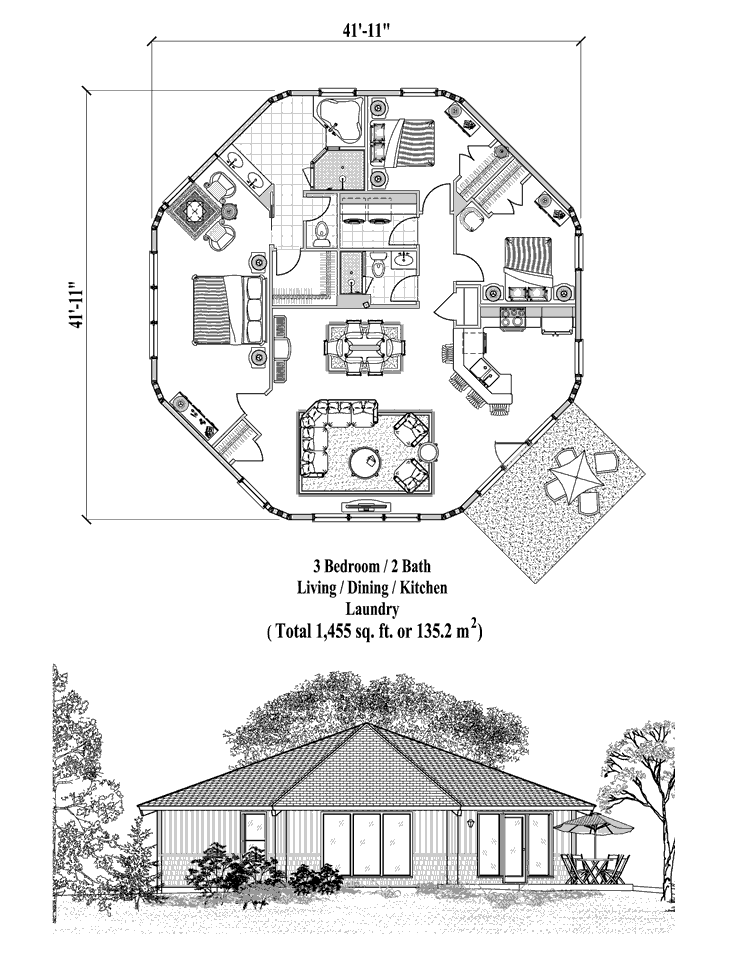 Prefab Patio House Plan - PT-0624 (1455 sq. ft.) 3 Bedrooms, 2 Baths, Living, Dining, Kitchen, Laundry