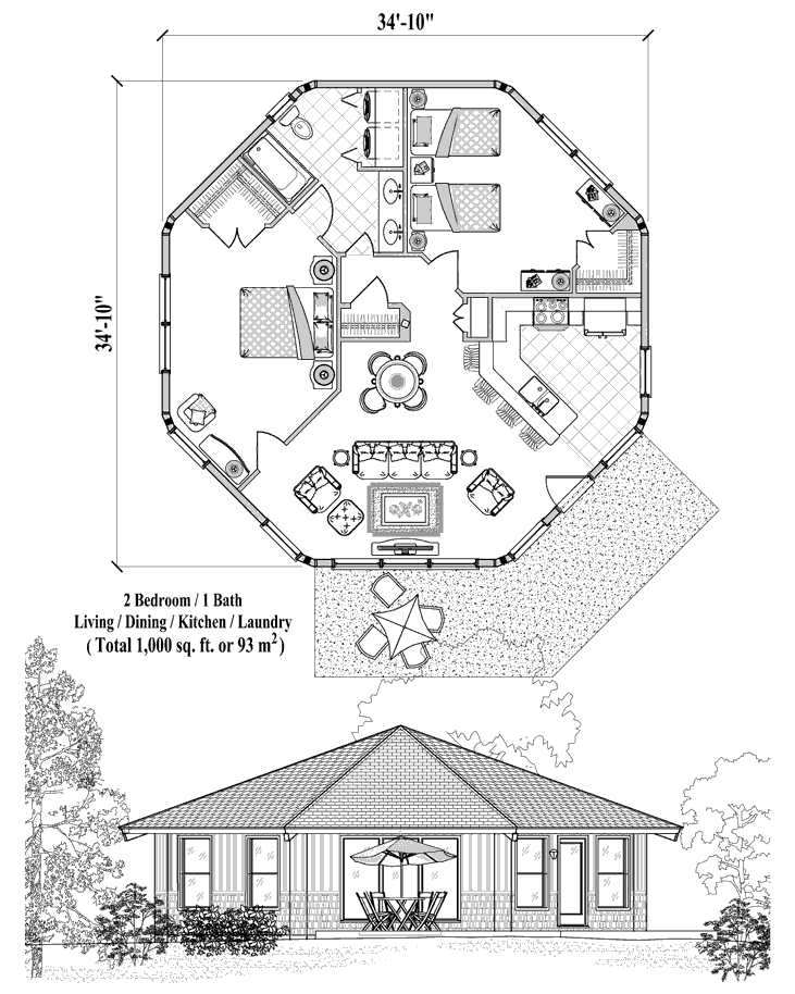 Prefab Patio House Plan - PT-1121 (1000 sq. ft.) 2 Bedrooms, 1 Baths, Living Room, Dining, Kitchen & Laundry