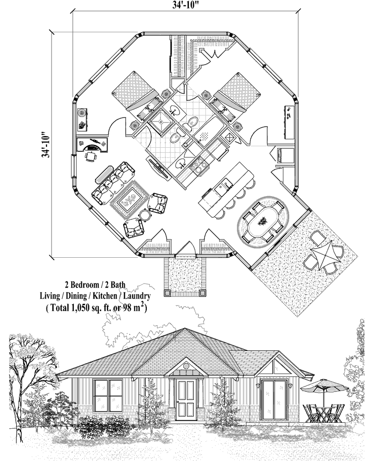 Prefab Patio House Plan - PT-1123 (1050 sq. ft.) 2 Bedrooms, 2 Baths, Living, Dining, Kitchen, Laundry