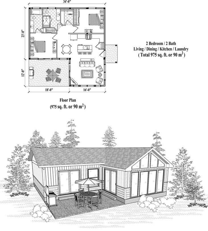 Prefab Patio House Plan - PT-2101 (975 sq. ft.) 2 Bedrooms, 2 Baths, Living, Dining, Kitchen, Laundry