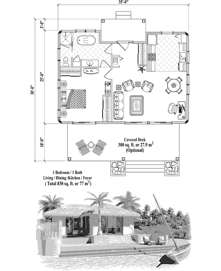 Prefab Patio House Plan - PT-2102 (830 sq. ft.) 1 Bedrooms, 1 Baths