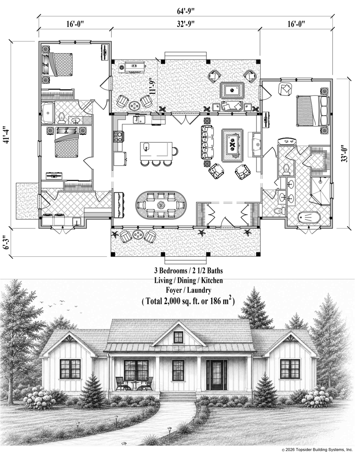 Prefab Patio House Plan - PT-2104 (2000 sq. ft.) 3 Bedrooms, 2 1/2 Baths, Living Room, Dining, Kitchen, Foyer, Laundry