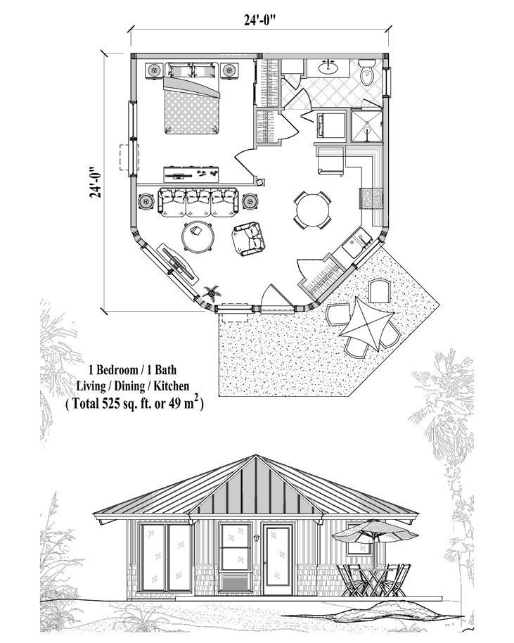 Prefab Patio House Plan - PTE-0121 (525 sq. ft.) 1 Bedrooms, 1 Baths