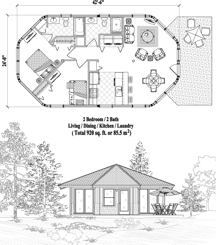 Prefab Patio House Plan - PTE-0123 (920 sq. ft.) 2 Bedrooms, 2 Baths, Living, Dining, Kitchen, Laundry