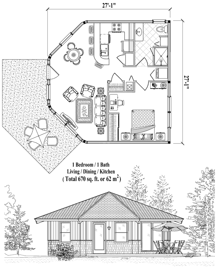 Prefab Patio House Plan - PTE-0222 (670 sq. ft.) 1 Bedrooms, 1 Baths, 
