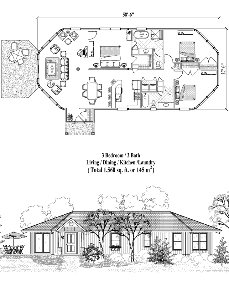 Prefab Patio House Plan - PTE-0224 (1560 sq. ft.) 3 Bedrooms, 2 Baths