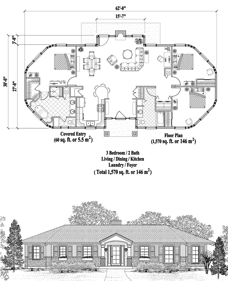 Prefab Patio House Plan - PTE-0225 (1570 sq. ft.) 3 Bedrooms, 2 Baths, Living, Dining, Kitchen, Laundry, Foyer