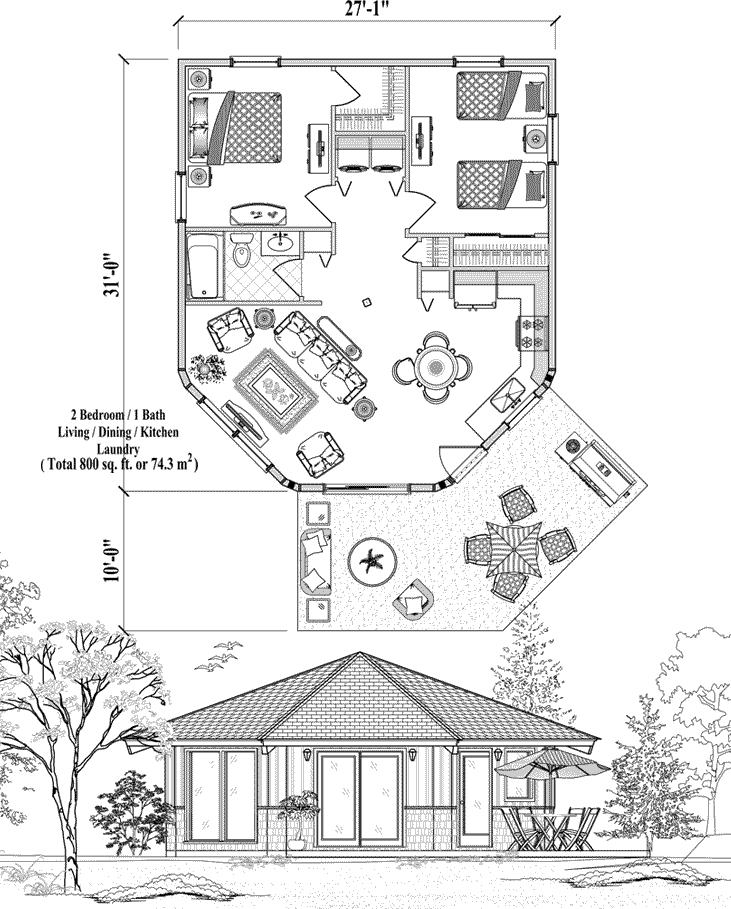 Prefab Patio House Plan - PTE-0226 (800 sq. ft.) 2 Bedrooms, 1 Baths, Living, Dining, Kitchen, Laundry