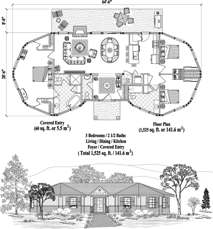 Prefab Patio House Plan - PTE-0227 (1525 sq. ft.) 3 Bedrooms, 2 1/2 Baths, Living, Dining, Kitchen, Laundry, Foyer, Covered Entry