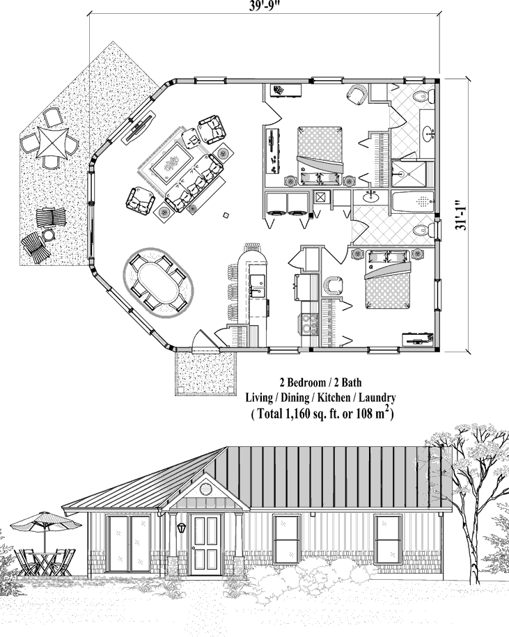 Prefab Patio House Plan - PTE-0325 (1160 sq. ft.) 2 Bedrooms, 2 Baths, 