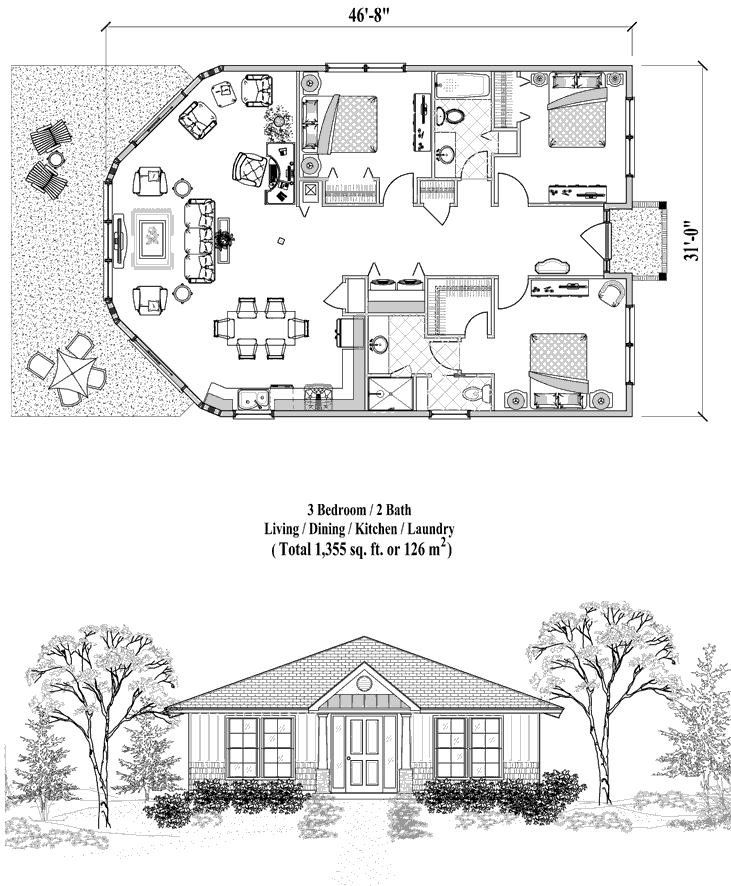 Prefab Patio House Plan - PTE-0326 (1355 sq. ft.) 3 Bedrooms, 2 Baths, 
