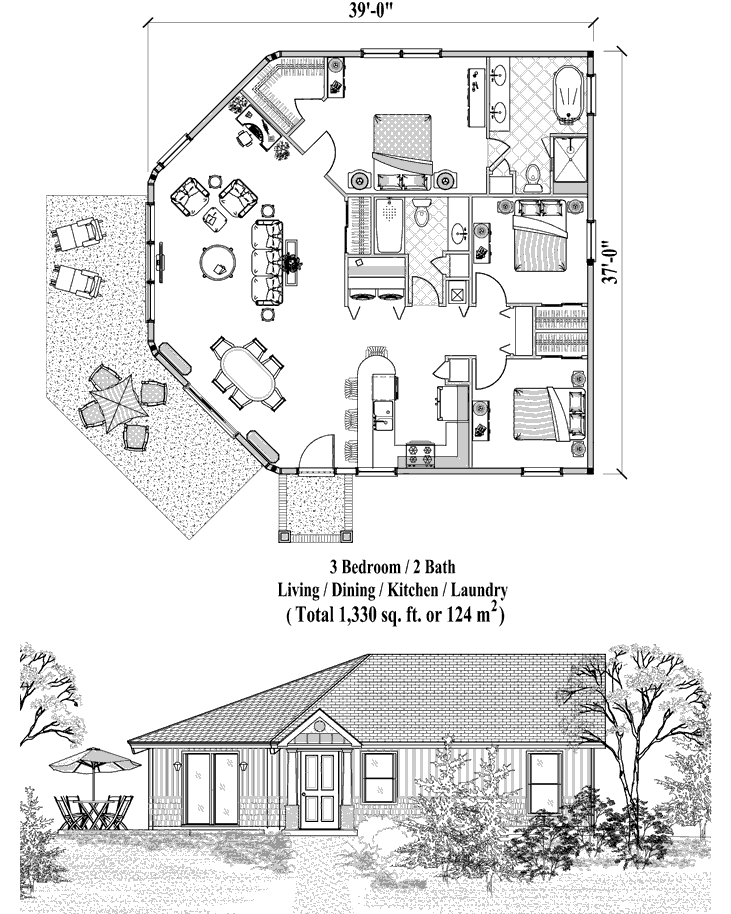 Prefab Patio House Plan - PTE-0422 (1330 sq. ft.) 3 Bedrooms, 2 Baths, Living, Dining, Kitchen, Laundry