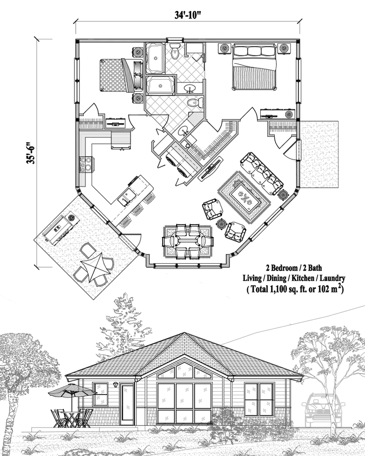 Prefab Patio House Plan - PTE-1124 (1100 sq. ft.) 2 Bedrooms, 2 Baths, Living, Dining, Kitchen, Laundry