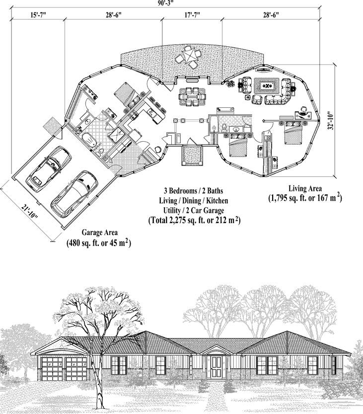 Prefab Signature Design House Plan - SDC-0305 (2275 sq. ft.) 3 Bedrooms, 2 Baths, Living, Dining, Kitchen, Laundry, Utility, 2 Car Garage