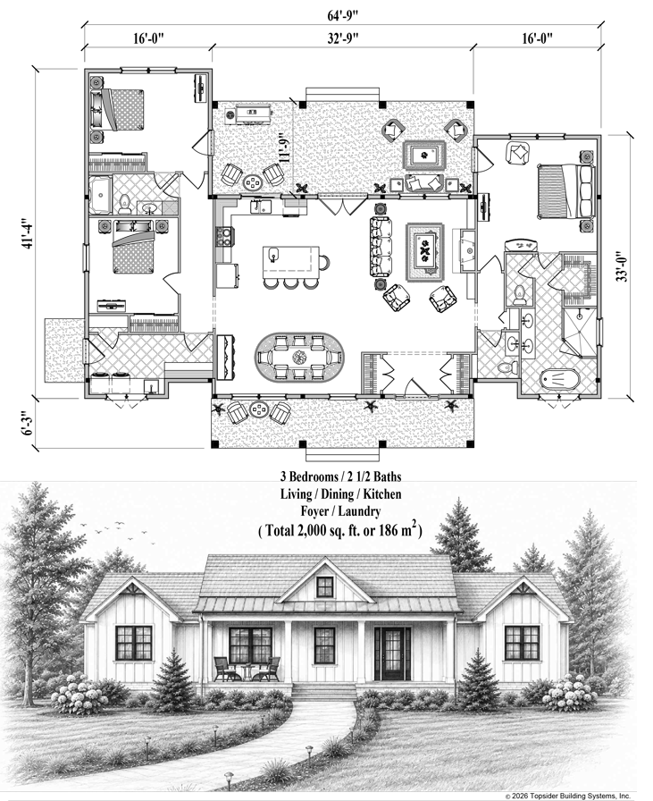 Prefab Signature Design House Plan - SDC-2104 (2000 sq. ft.) 3 Bedrooms, 2 1/2 Baths, Living Room, Dining, Kitchen, Foyer