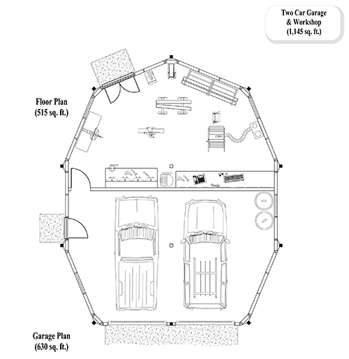 Prefab Pool House / Studio House Plan - ST-0301 (1145 sq. ft.) 0 Bedrooms, 0 Baths, Wood/Work Shop  (1,145 sq. ft.) with Attached 2 Car Garage