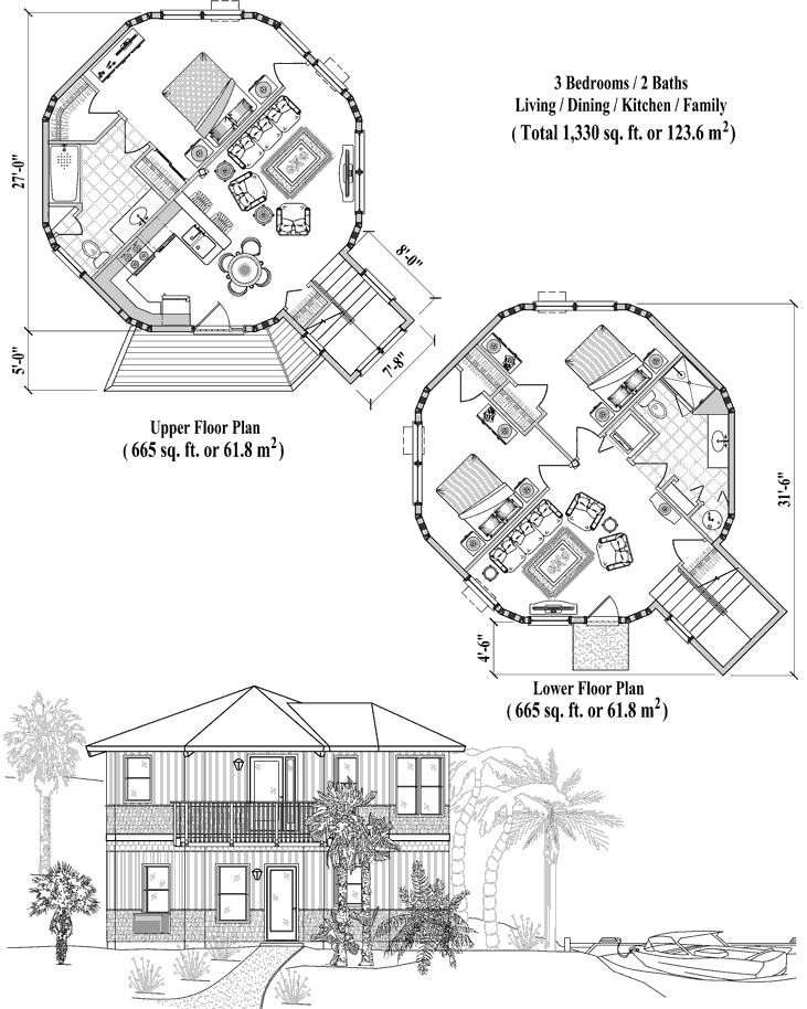 Prefab Two-Story House Plan - TS-0222 (1330 sq. ft.) 3 Bedrooms, 2 Baths, Living, Dining, Kitchen, Family