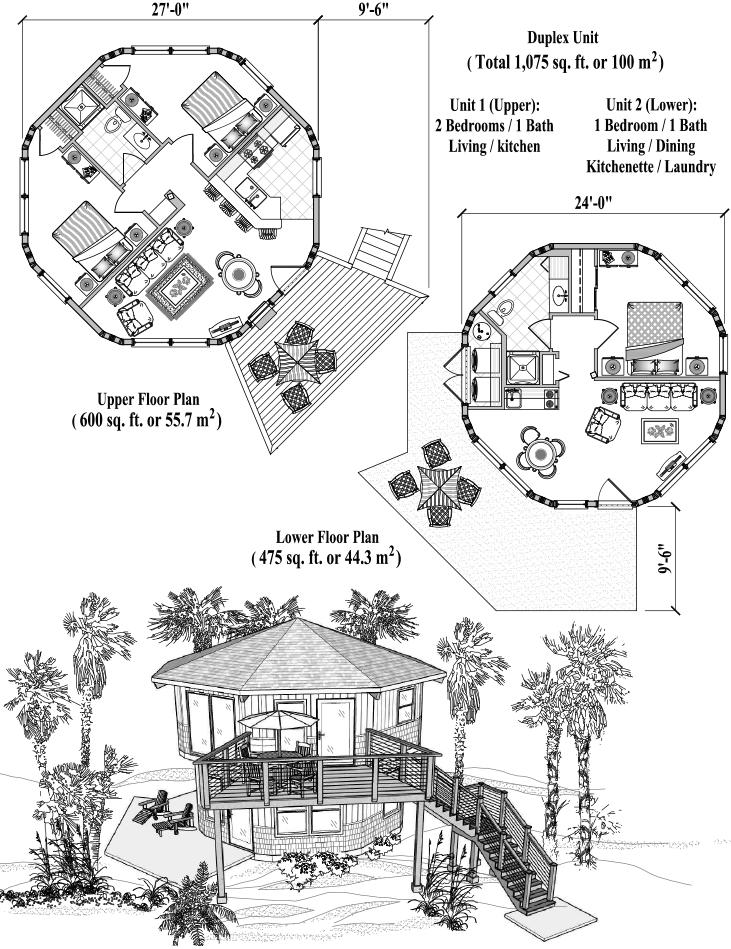 Prefab Two-Story House Plan - TS-0225 (1075 sq. ft.) 3 Bedrooms, 2 Baths, Duplex Unit