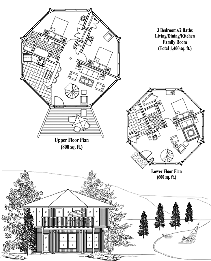 Prefab Two-Story House Plan - TS-0302 (1400 sq. ft.) 3 Bedrooms, 2 Baths, Living, Dining, Kitchen, Family Room