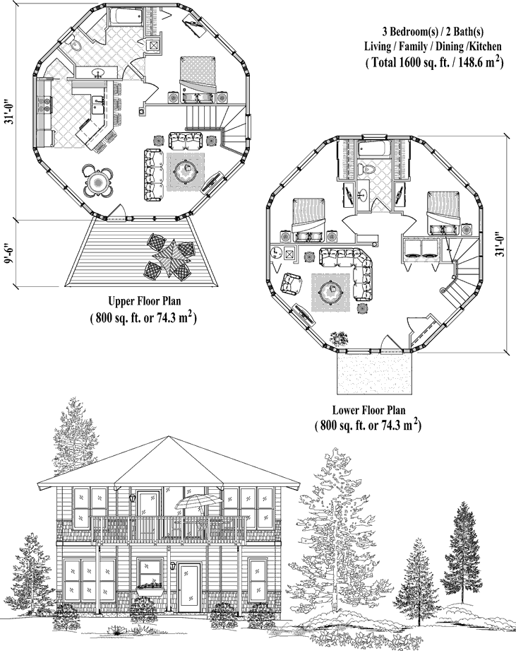 Prefab Two-Story House Plan - TS-0309 (1600 sq. ft.) 3 Bedrooms, 2 Baths, Living, Family, Dining, Kitchen