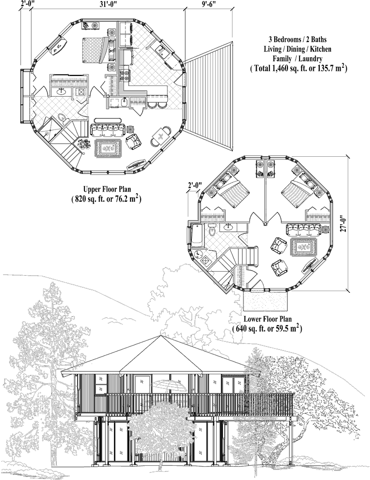 Prefab Two-Story House Plan - TS-0323 (1460 sq. ft.) 3 Bedrooms, 2 Baths, Living, Dining, Kitchen, Family, Laundry