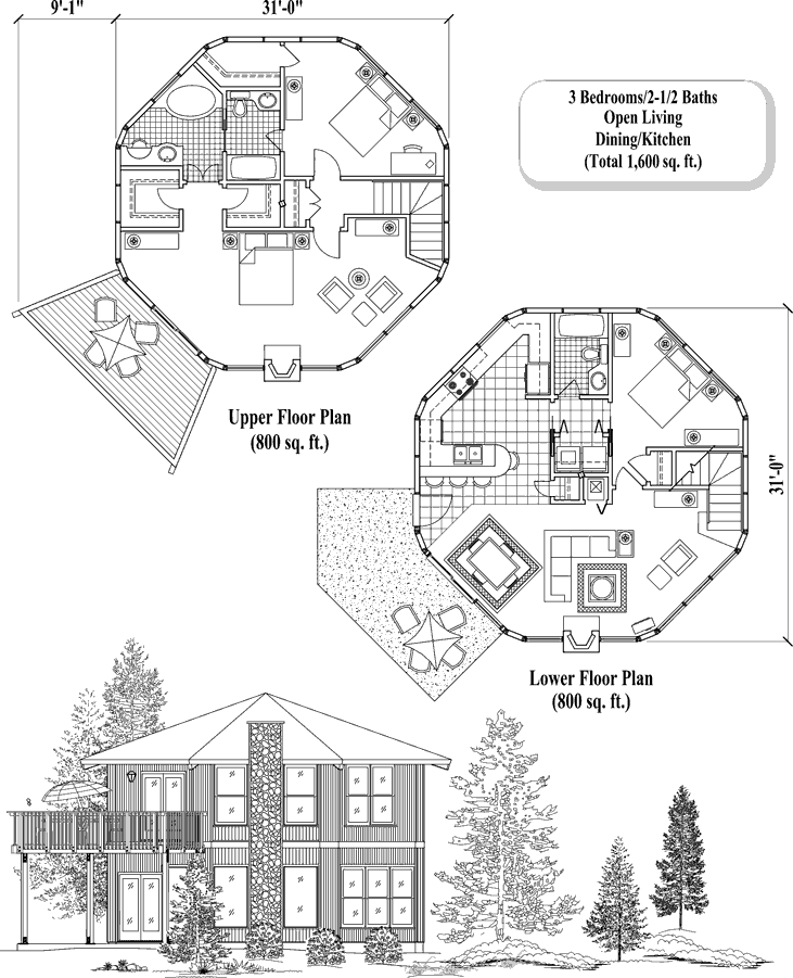 Prefab Two-Story House Plan - TS-0326 (1600 sq. ft.) 3 Bedrooms, 2 1/2 Baths, Open Living, Dining, Kitchen