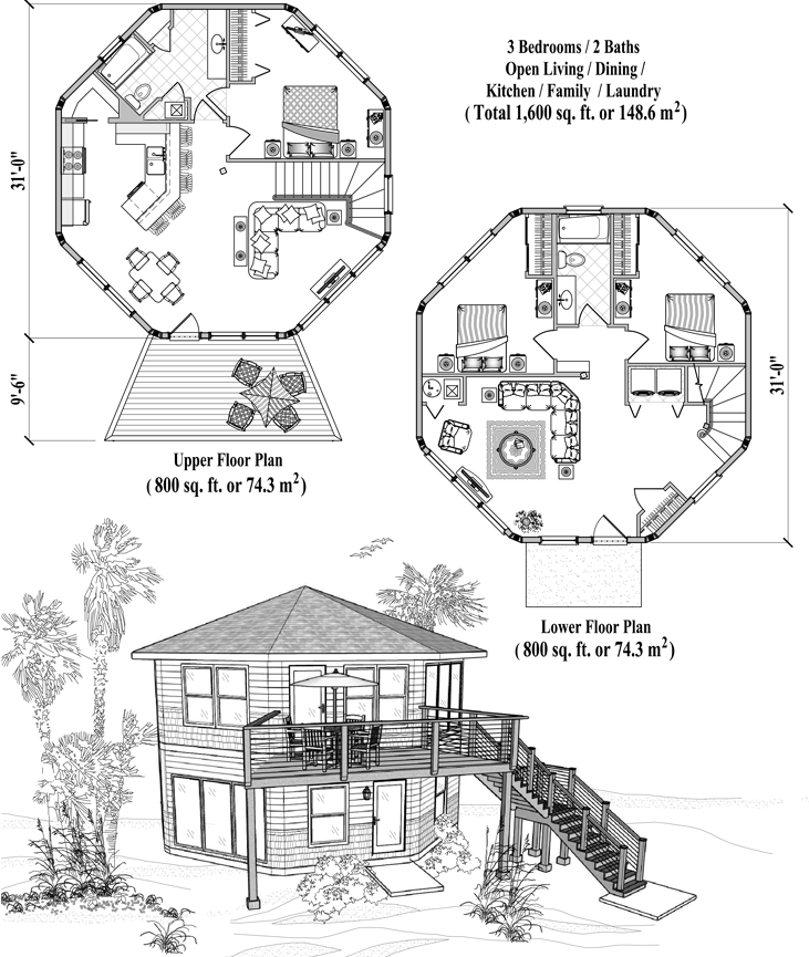Prefab Two-Story House Plan - TS-0327 (1600 sq. ft.) 3 Bedrooms, 2 Baths, Open Living, Dining, Kitchen, Family, Laundry