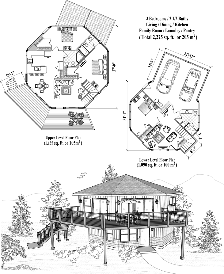 Prefab Two-Story House Plan - TS-0403 (2225 sq. ft.) 3 Bedrooms, 2 1/2 Baths, Living, Dining, Kitchen, Family Room, Laundry, Pantry