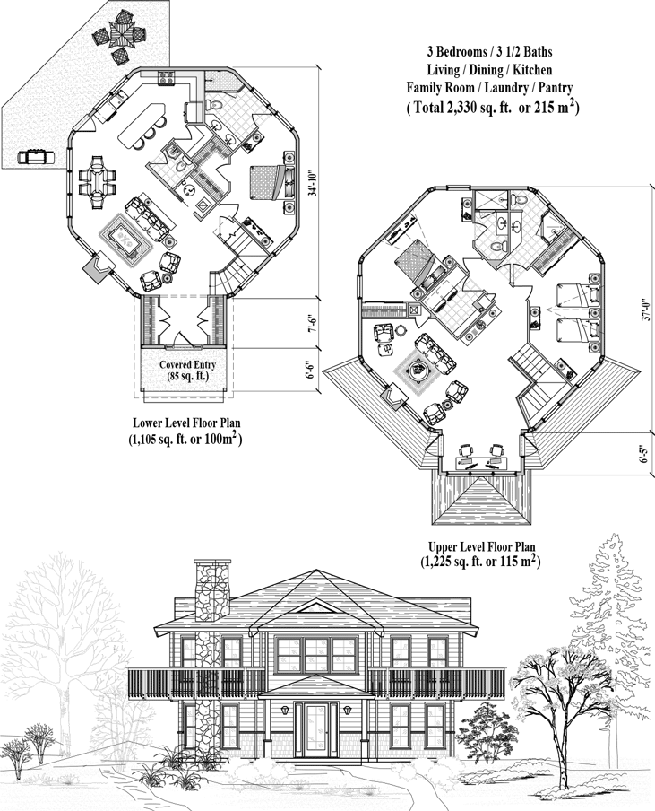 Prefab Two-Story House Plan - TS-0408 (2330 sq. ft.) 3 Bedrooms, 3 1/2 Baths, Living, Dining, Kitchen, Family Room, Laundry, Pantry