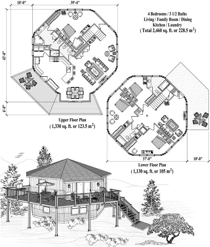 Prefab Two-Story House Plan - TS-0502 (2460 sq. ft.) 4 Bedrooms, 3 1/2 Baths, Living, Family Room, Dining, Kitchen, Laundry
