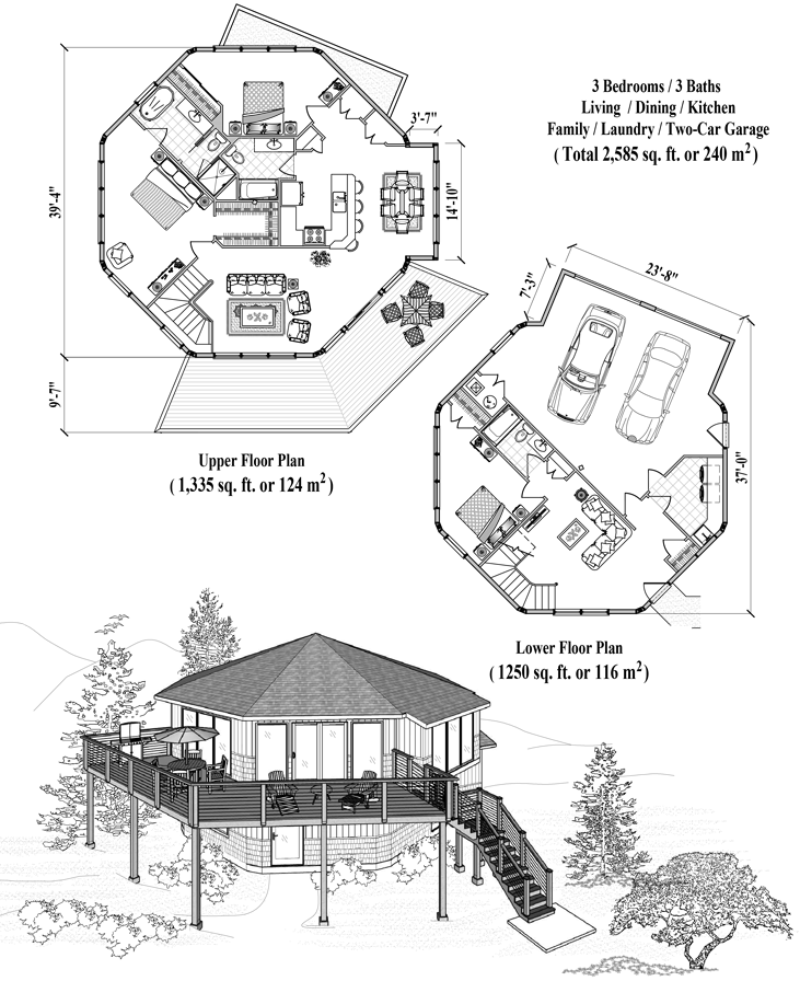Prefab Two-Story House Plan - TS-0504 (2585 sq. ft.) 3 Bedrooms, 3 Baths, Living, Dining, Kitchen, Family, Laundry, Two-Car Garage