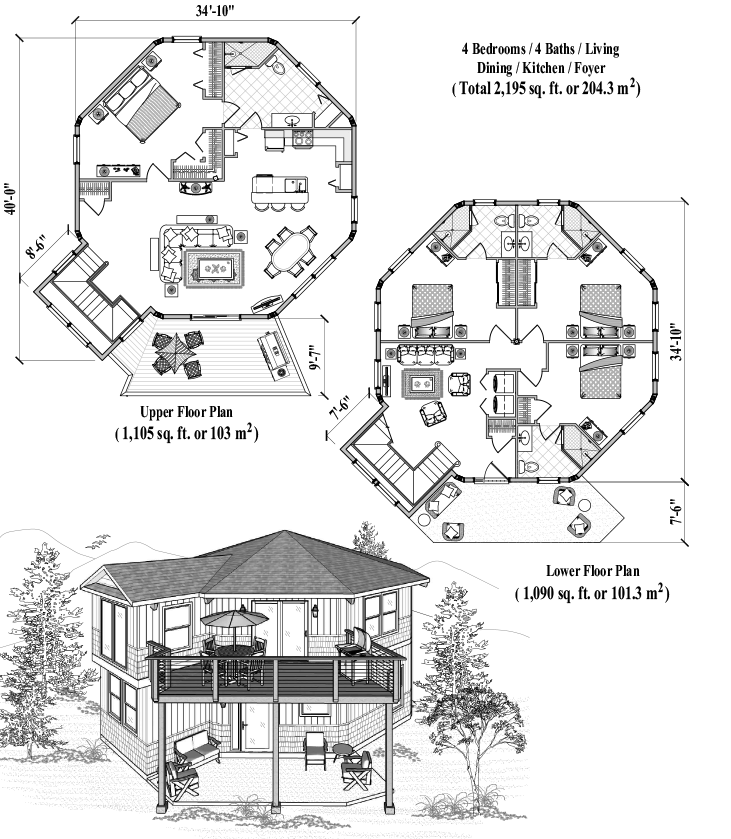 Prefab Two-Story House Plan - TS-1101 (2195 sq. ft.) 4 Bedrooms, 4 Baths, Living, Dining, Kitchen, Foyer