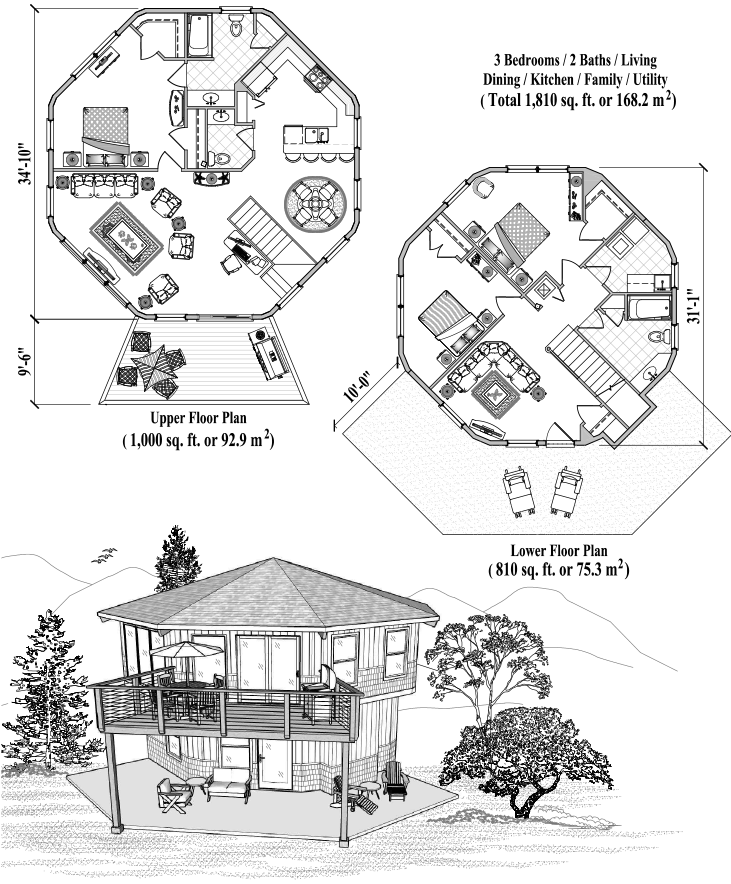 Prefab Two-Story House Plan - TS-1102 (1810 sq. ft.) 3 Bedrooms, 2 Baths, Living, Dining, Kitchen, Family, Utility