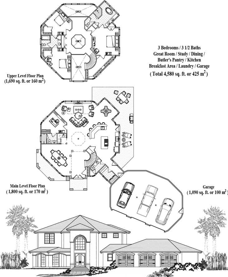 Prefab Two-Story House Plan - TS-1201 (4580 sq. ft.) 3 Bedrooms, 3 1/2 Baths, Great Room, Study, Dining, Butler's Pantry, Kitchen, Breakfast Area, Laundry, Garage
