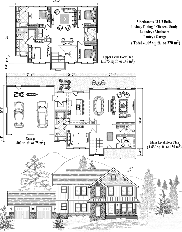 Prefab Two-Story House Plan - TS-2102 (4005 sq. ft.) 5 Bedrooms, 3 1/2 Baths, Living, Dining, Kitchen, Study, Laundry, Mudroom, Pantry & Garage