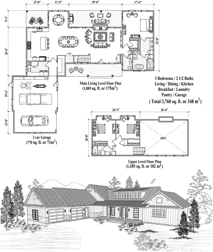 Prefab Two-Story House Plan - TS-2103 (3760 sq. ft.) 3 Bedrooms, 2 1/2 Baths, Living, Dining, Kitchen, Breakfast, Laundry, Pantry, Garage