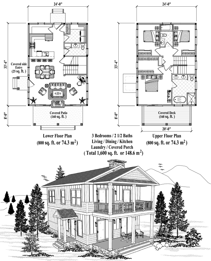 Prefab Two-Story House Plan - TS-2106 (1600 sq. ft.) 3 Bedrooms, 2 1/2 Baths, Living, Dining, Kitchen, Laundry, Covered Porch
