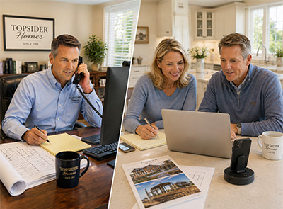 Getting Started With Topsider Homes — The First Call Topsider Homes team on a phone call and laptop, guiding a new home inquiry
