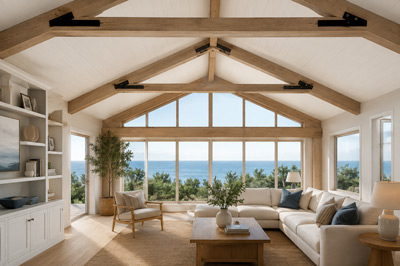 Precision-Engineered Post & Beam Construction — Topsider Homes Custom Topsider great room with exposed post & beam roof structure and tongue-and-groove wood ceiling