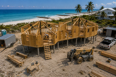 Fast, Builder-Friendly Post & Beam Assembly — Topsider Homes Post & beam beach home on stilts under construction near the ocean