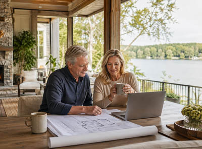 Build at Your Own Pace — Topsider Homes Couple reviewing custom house plans on a laptop and blueprints on a waterfront deck