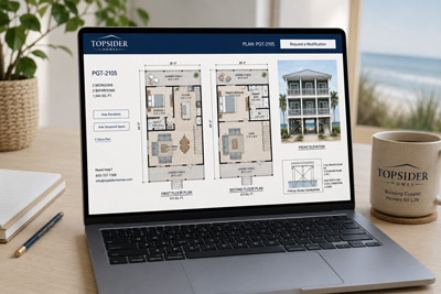 Design Your Custom Topsider House Plan Online Laptop displaying a Topsider two-story piling house plan online