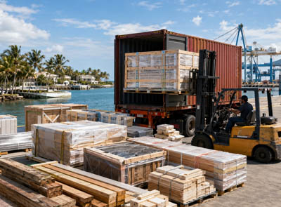 Worldwide Shipping & Logistics — Topsider Homes Shipping container loaded with building materials for a Topsider Homes project